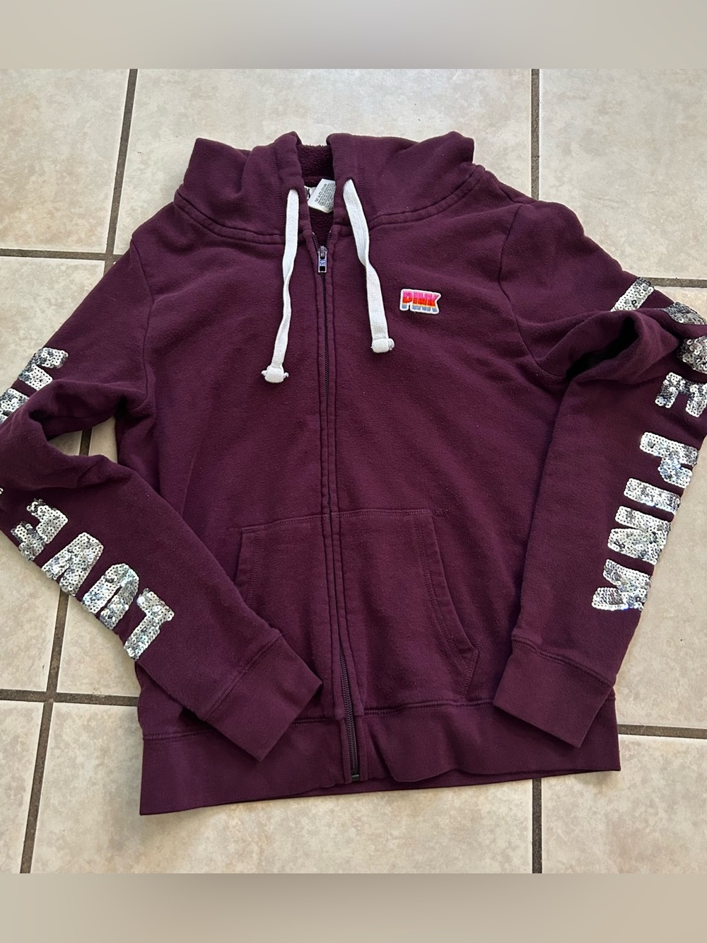 PINK Victoria’s Secret Pink Sequin Zip-Up Hoodie Size M 2016 Burgundy Bling